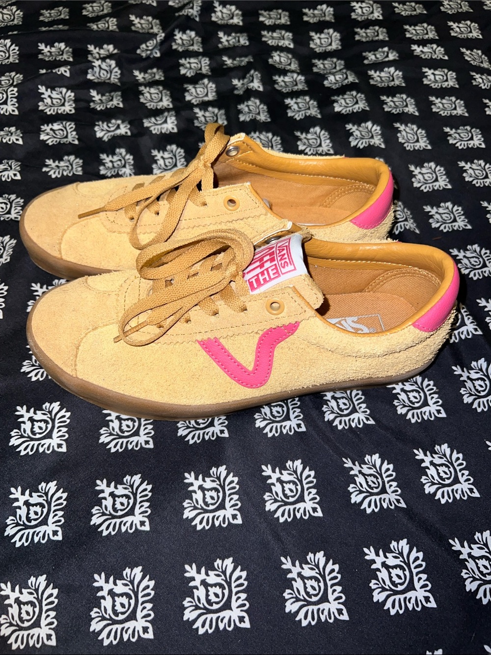 Vans Suede Low-Top Sneakers in Tan with Pink Accents